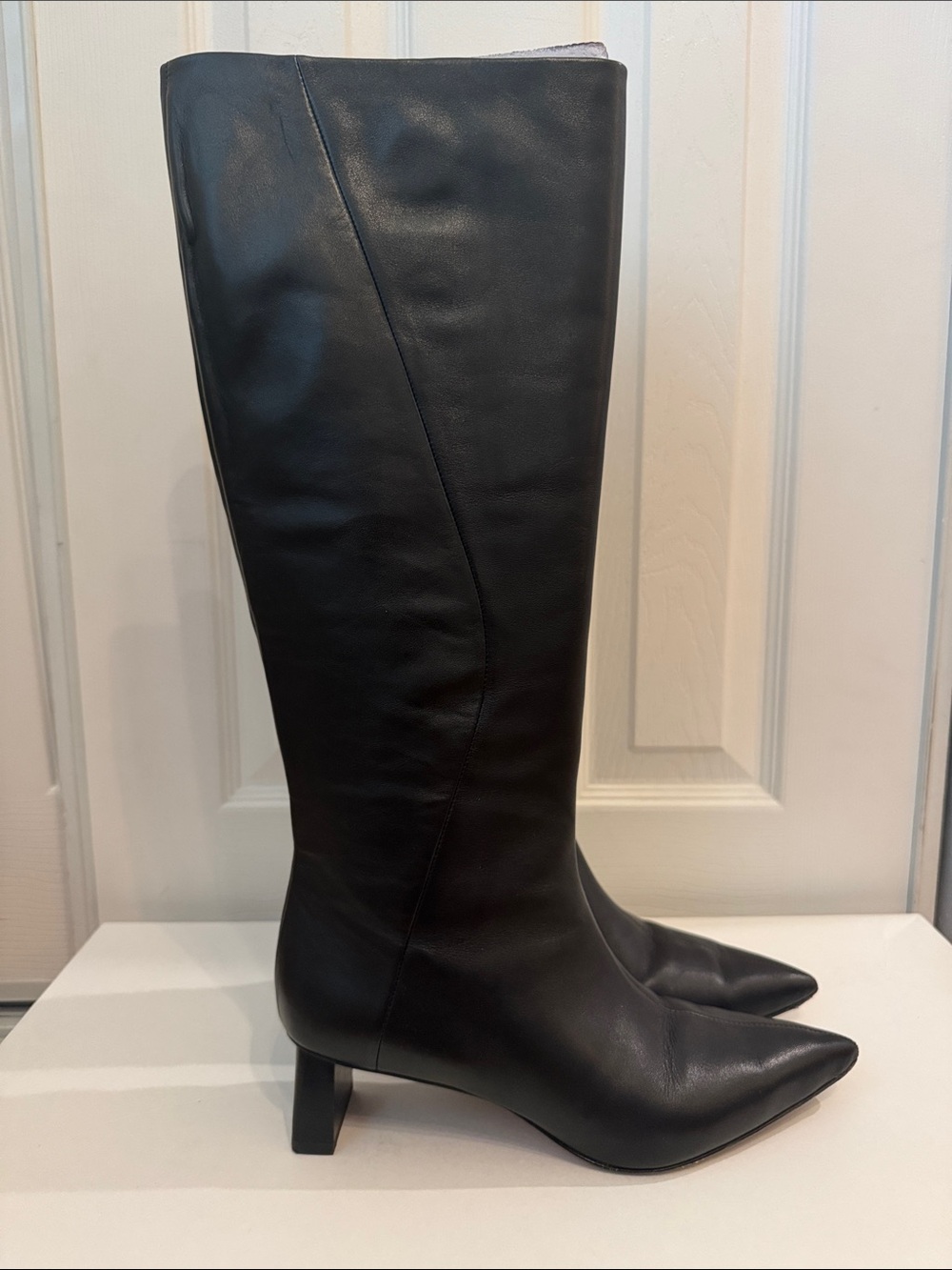 Vince Black Pointed-Toe Knee-High Leather Boots